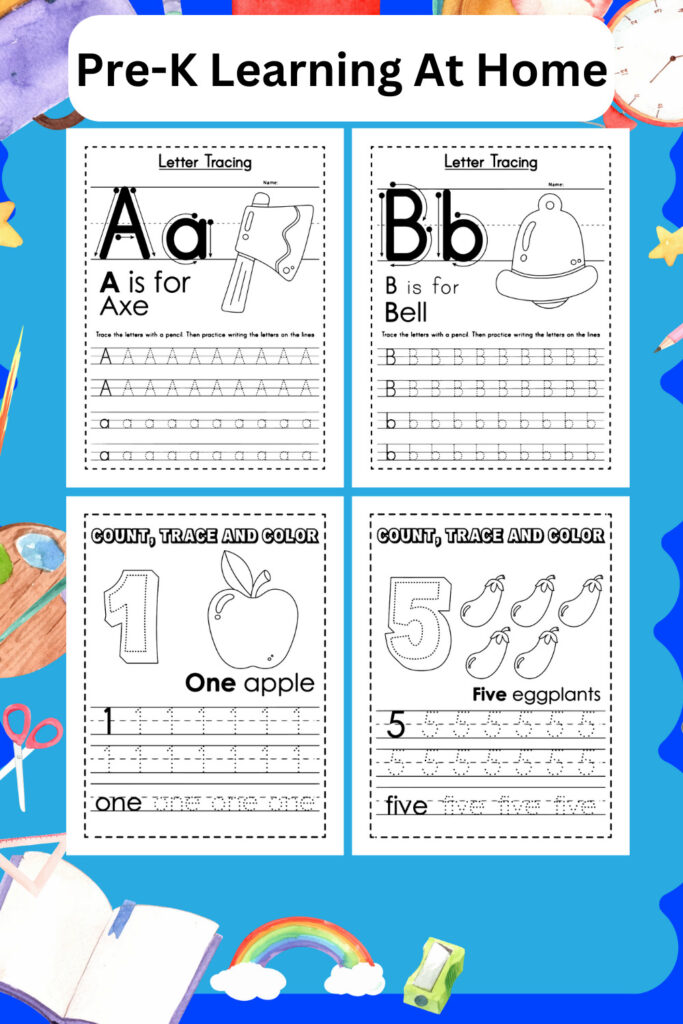 PreK Learning At Home Learning Alphabet, numbers and colors are made